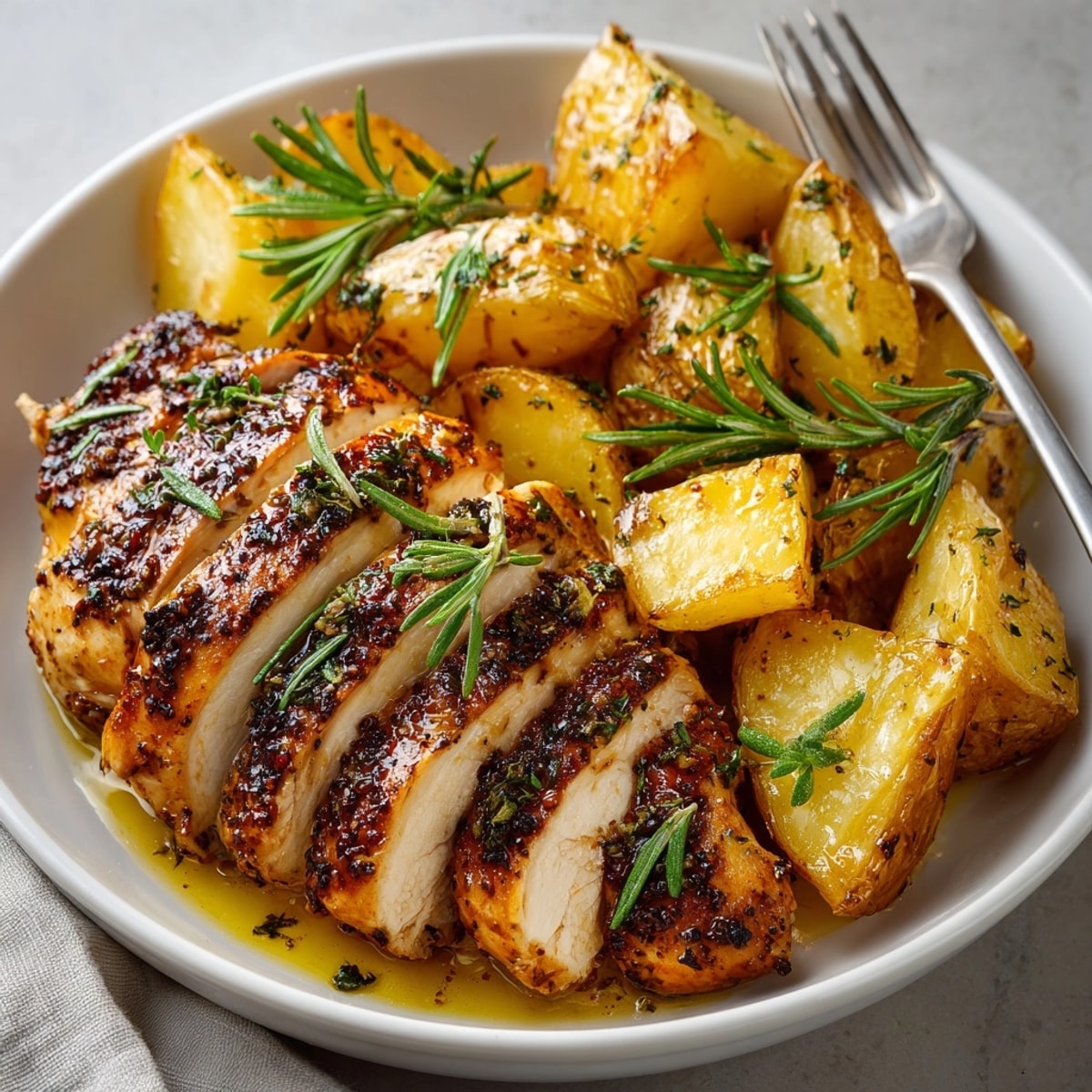 Golden brown Sheet Pan Lemon Herb Chicken & Potatoes, ready for a delicious weeknight dinner.