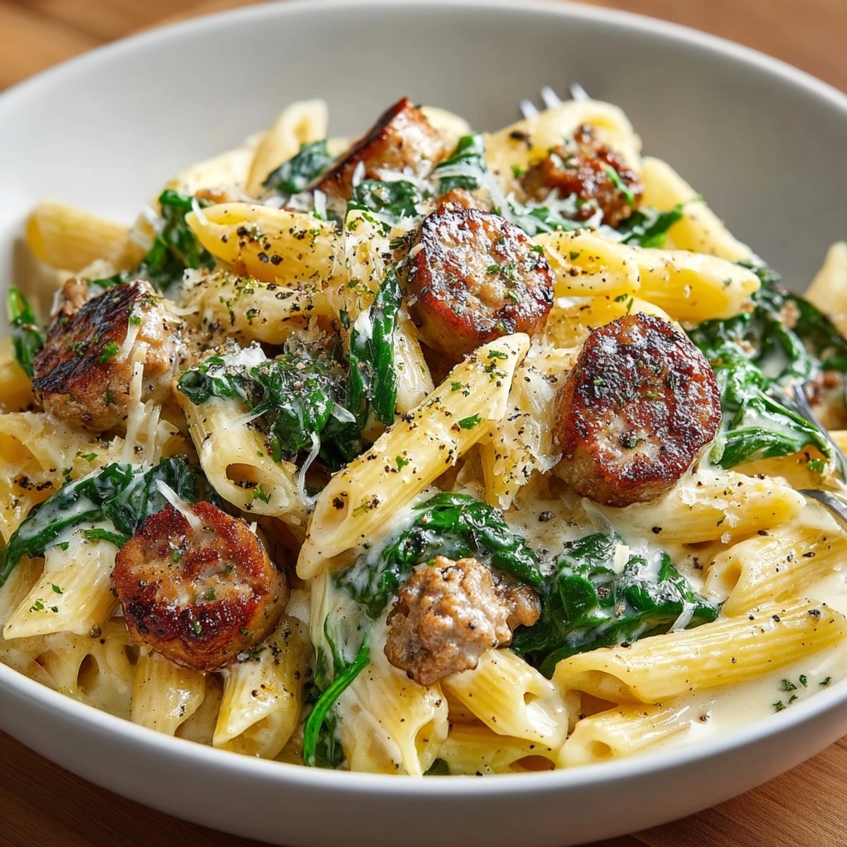 Creamy Sausage and Spinach Penne recipe: golden pasta swirled in a rich, cheesy sauce.