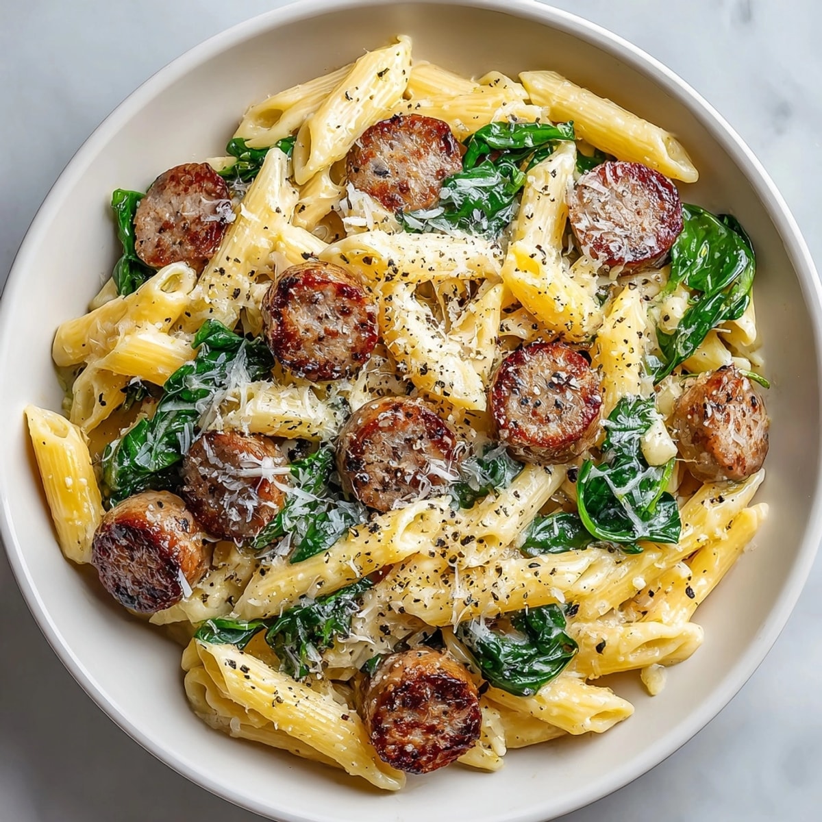 Image of Creamy Sausage and Spinach Penne, served hot with a sprinkle of parmesan.