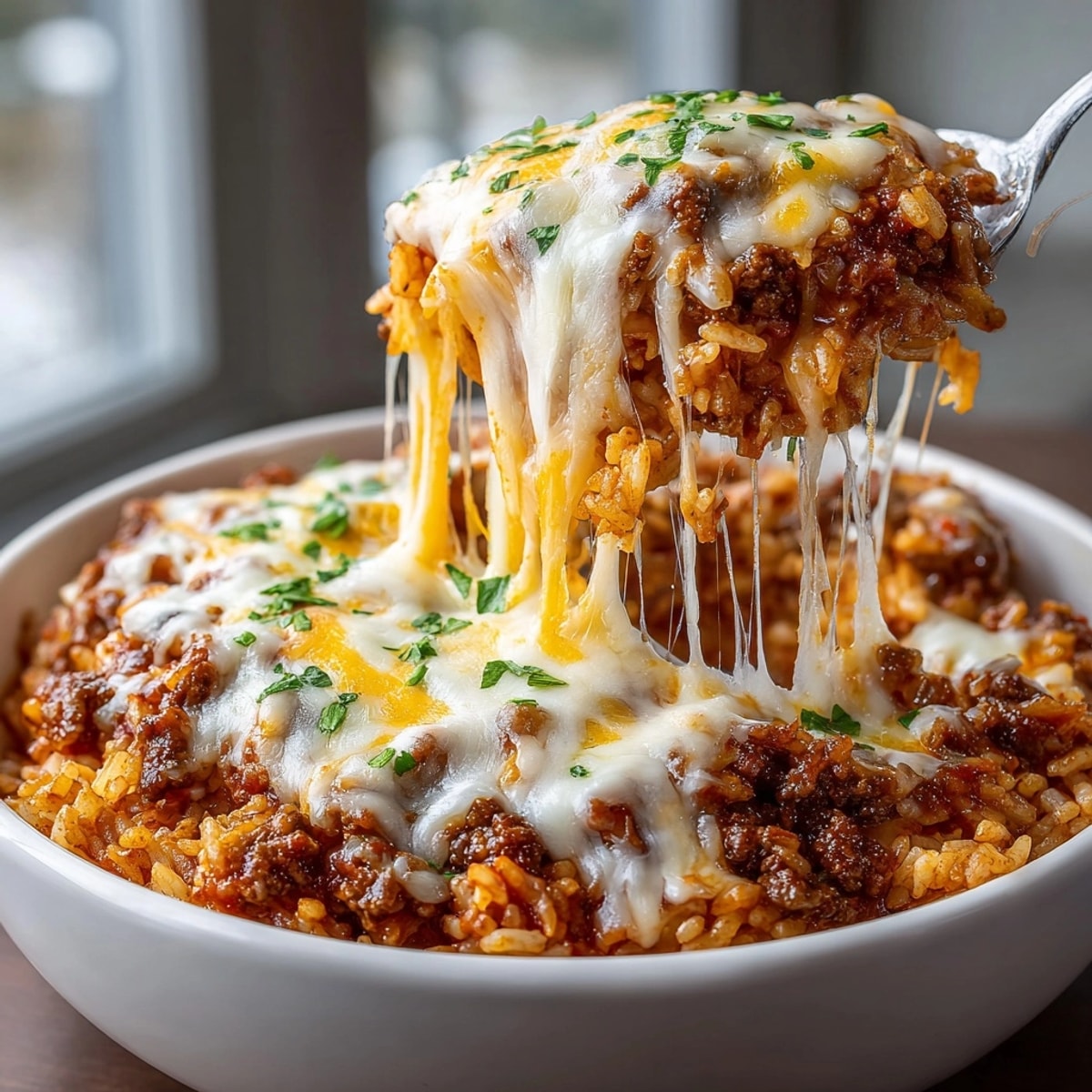 Cheesy Tomato Rice & Beef Skillet: Ground beef, rice, and melted cheddar bubbling hot.