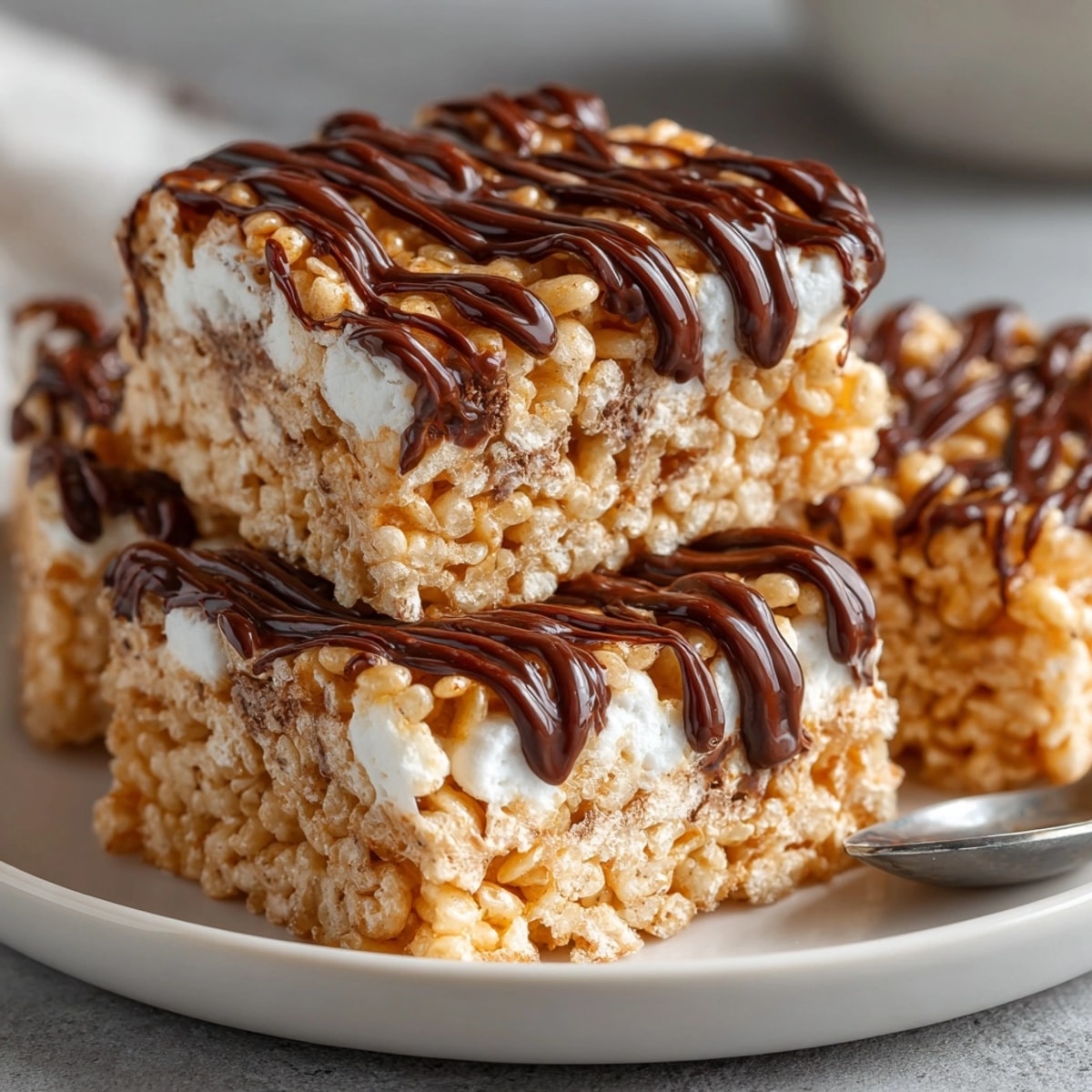 Golden Chocolate Drizzle Rice Krispie Bars glistening under a decadent dark chocolate drizzle, ready to serve.