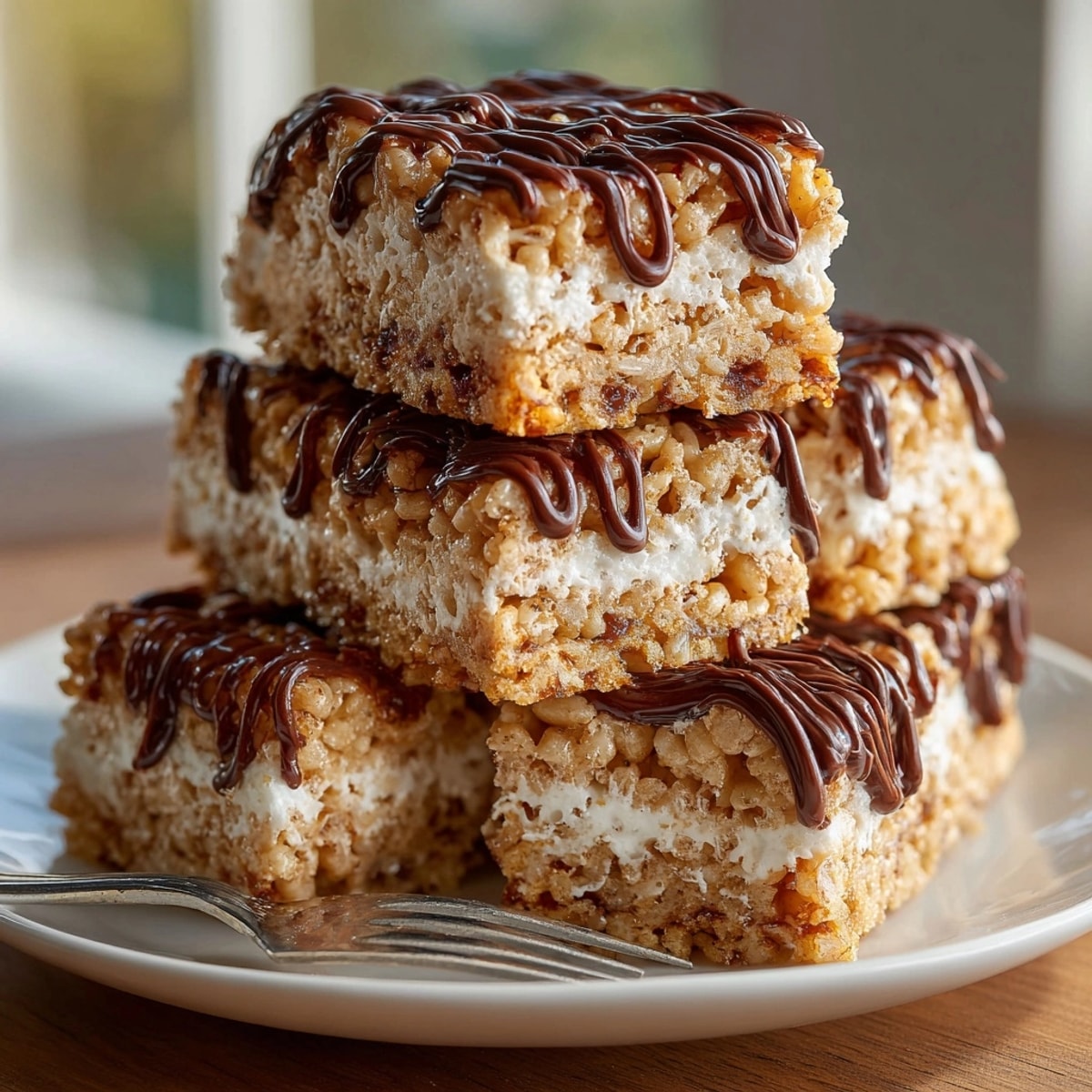 Homemade Chocolate Drizzle Rice Krispie Bars, a crunchy, chewy classic with rich chocolate perfection.