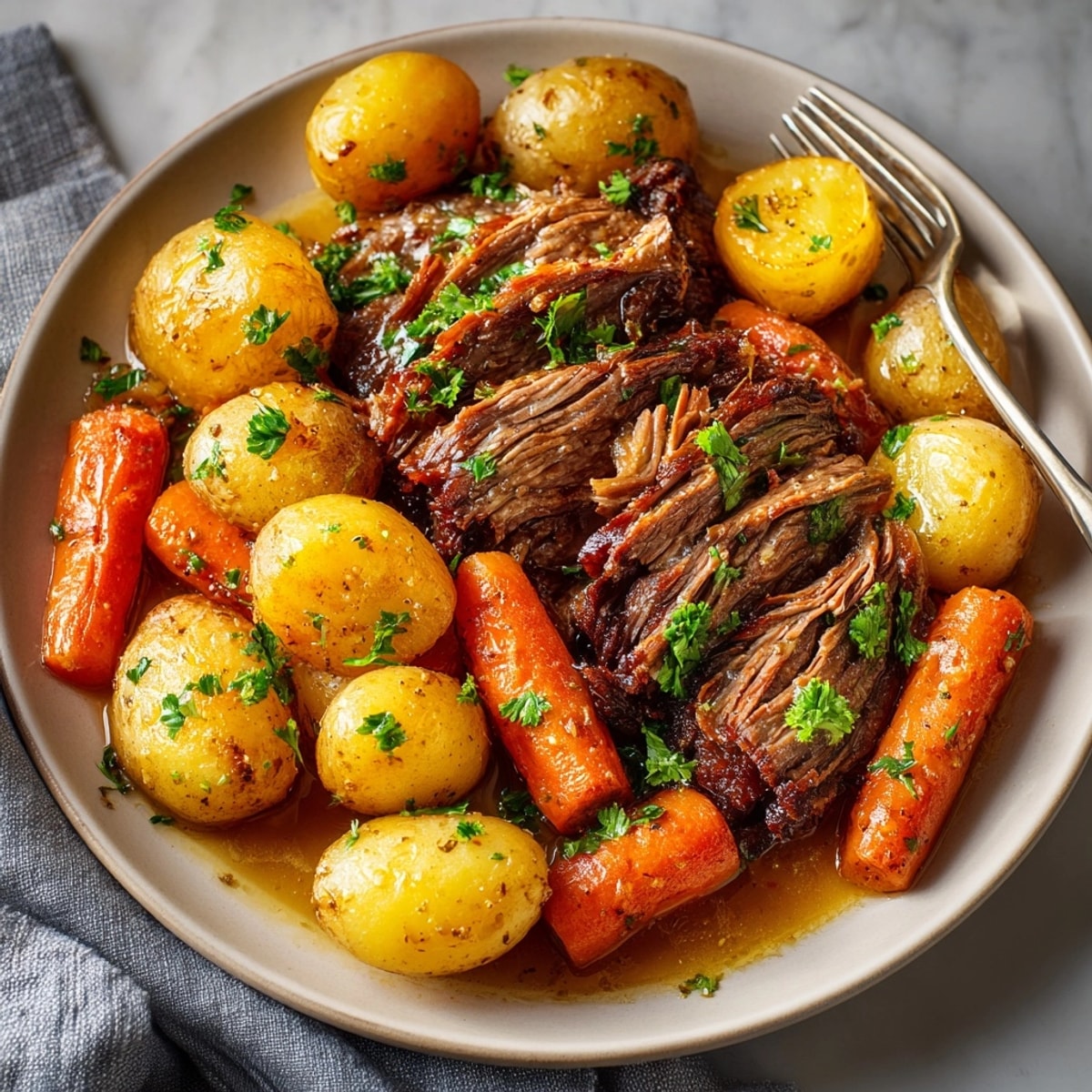 Juicy slow cooker pot roast recipe with tender carrots and potatoes, ready to serve.