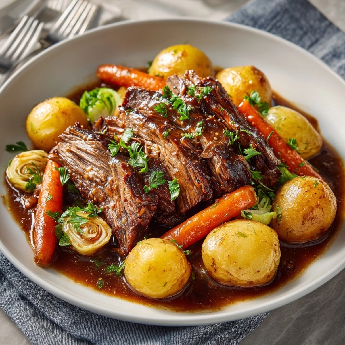 Comforting slow-cooked pot roast with root vegetables, simmered until melt-in-your-mouth perfection.