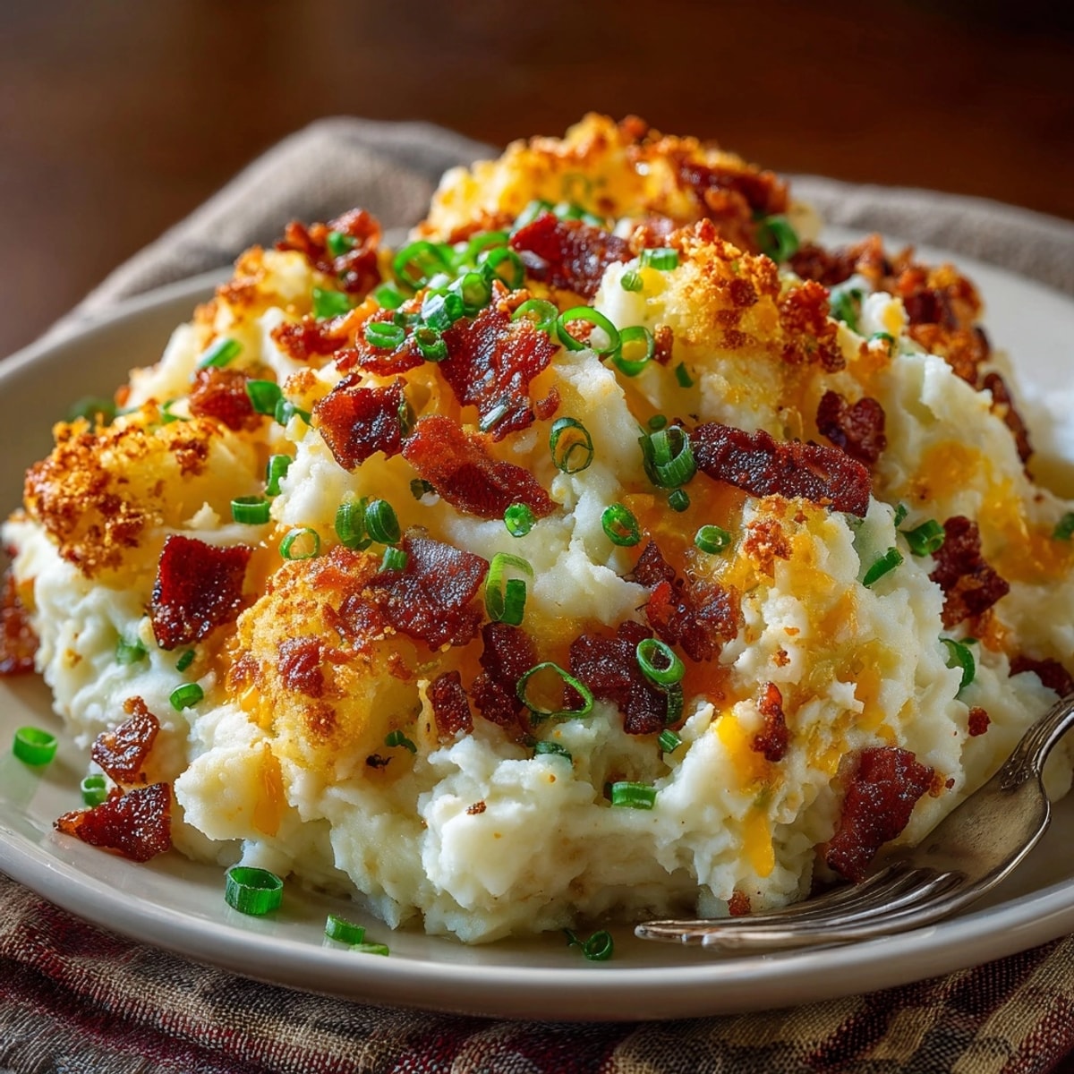 Golden brown Loaded Cheddar Mashed Potato Casserole, topped with bacon and fresh chives.