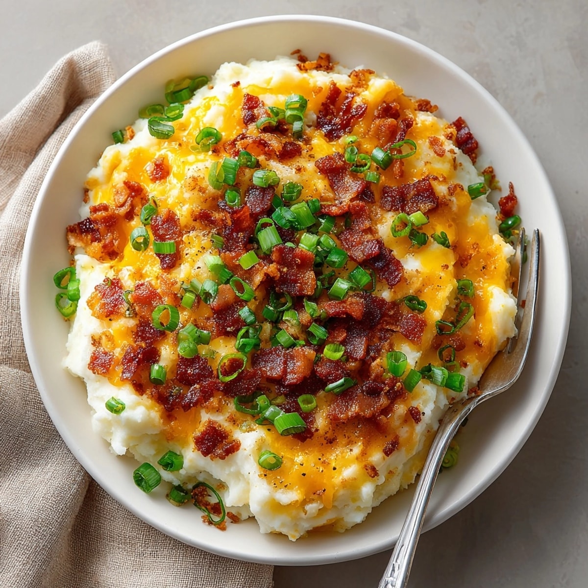 Scoop of cheesy Loaded Cheddar Mashed Potato Casserole, steaming hot and ready to eat.