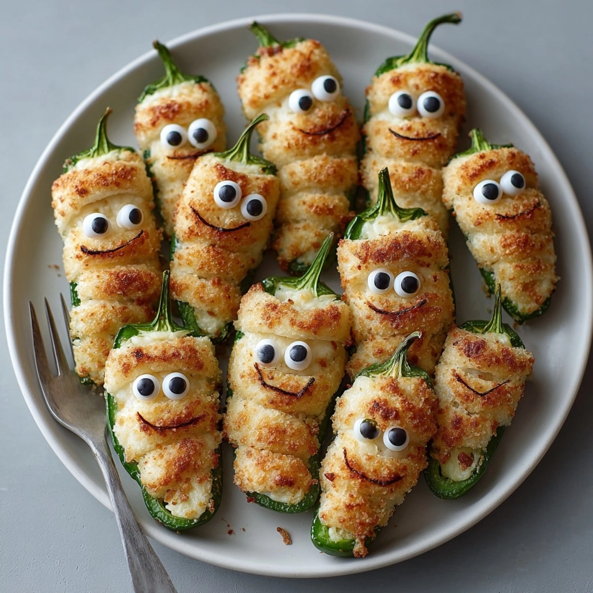Spooky Mummy Jalape&amp;ntilde;o Poppers: cheesy, dough-wrapped bites with creamy centers and candy eyes.