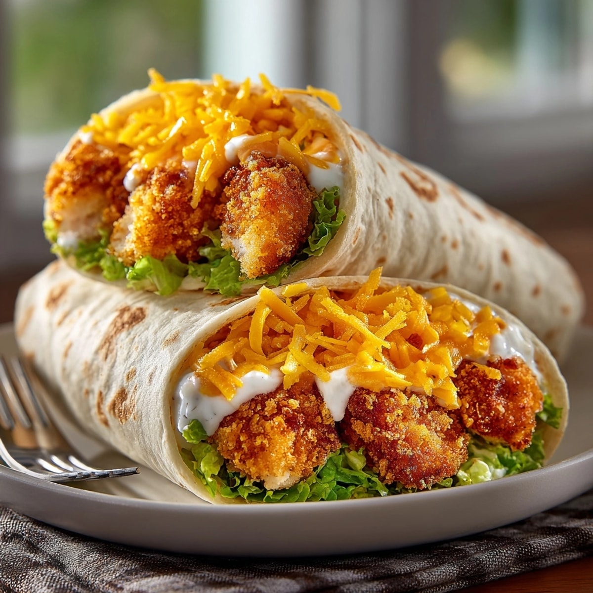 Close-up of a delicious crispy chicken ranch snack wrap with creamy sauce oozing out.