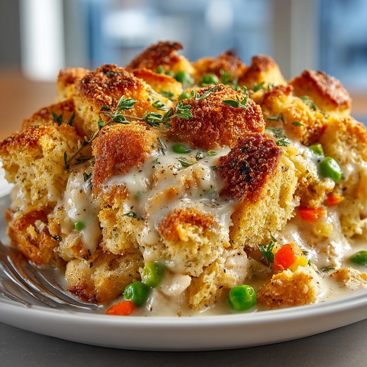 Golden brown Chicken & Stuffing Casserole, bubbling hot, a comforting layered meal.