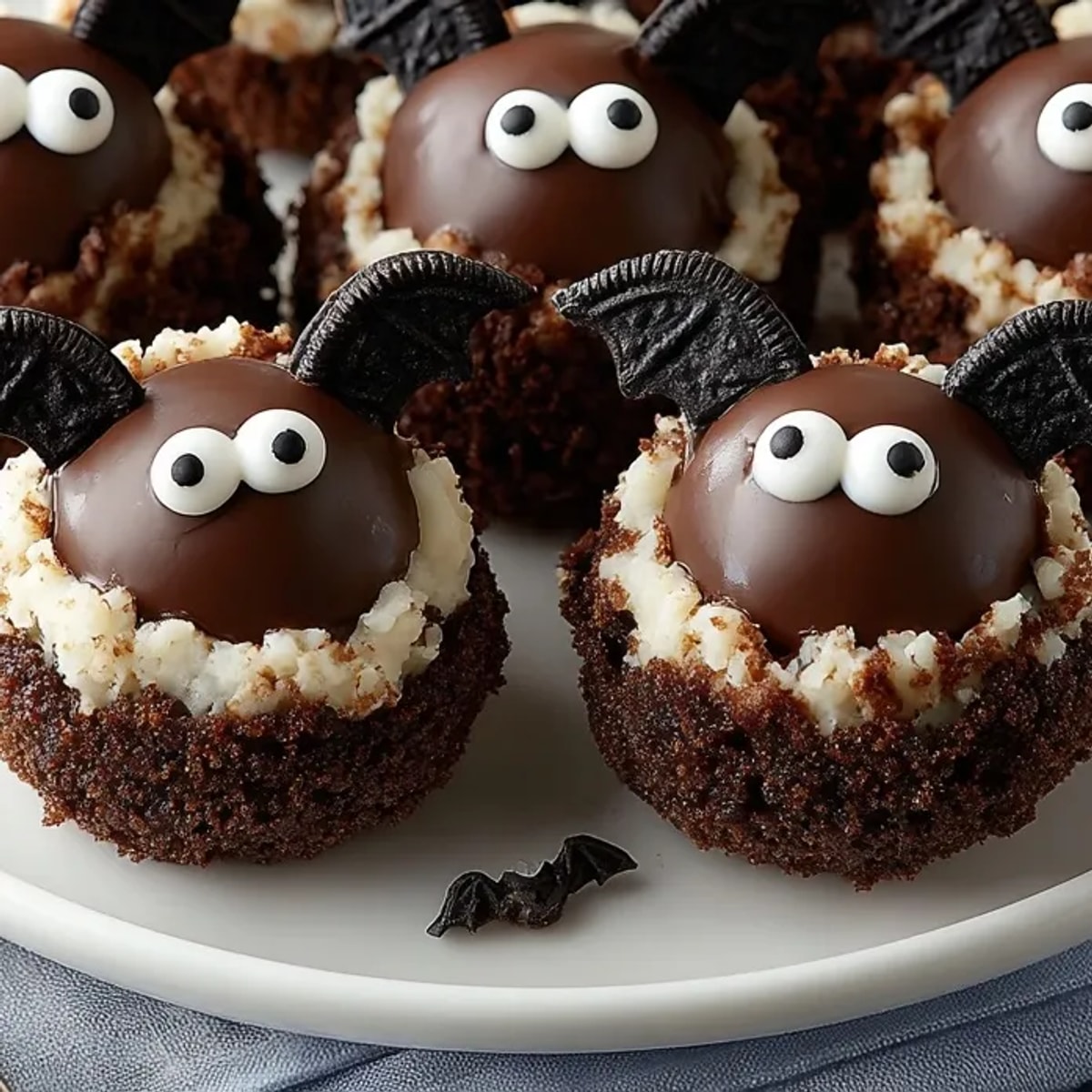 Homemade Oreo &ldquo;Bat&rdquo; Truffles showing off their mini Oreo wings and candy eyes.