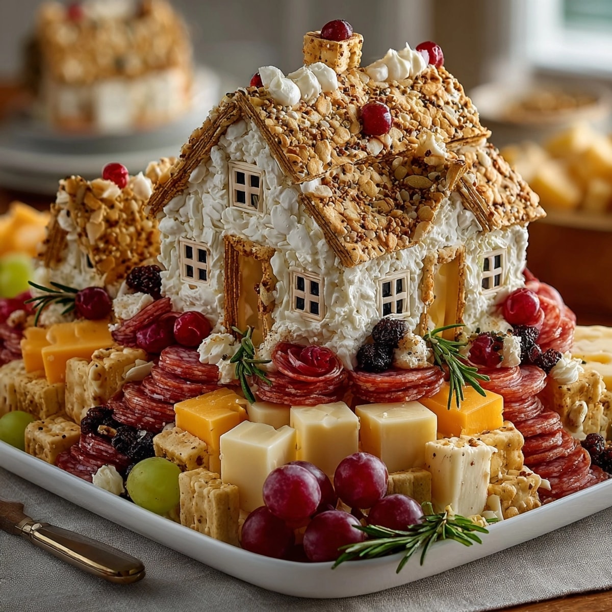 A delightful Charcuterie Chalet: salami roses, creamy cheeses, and rosemary "trees" adorn the snack-able house.