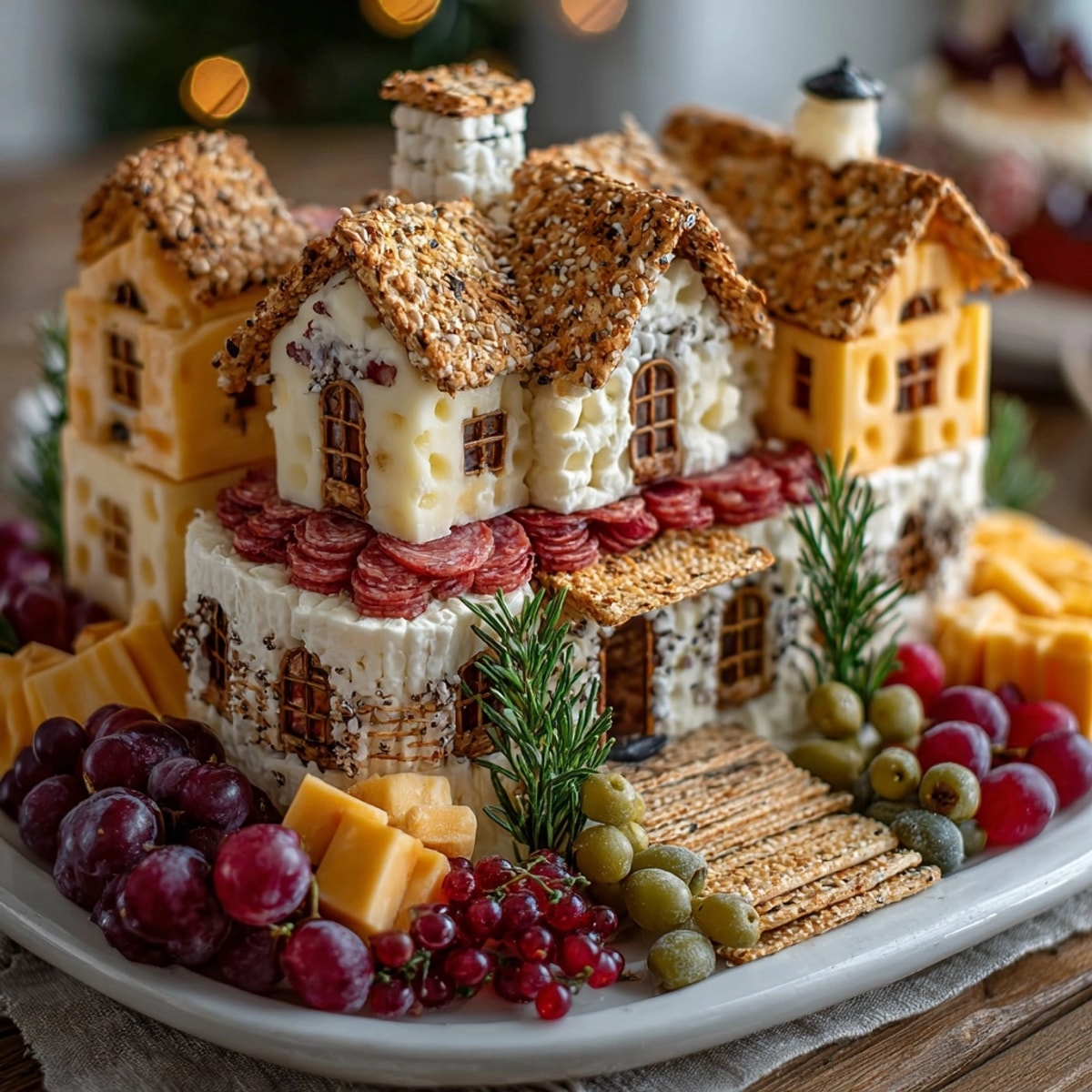 Festive Charcuterie Chalet photo: a savory, edible log cabin detailed with meats and cheeses.