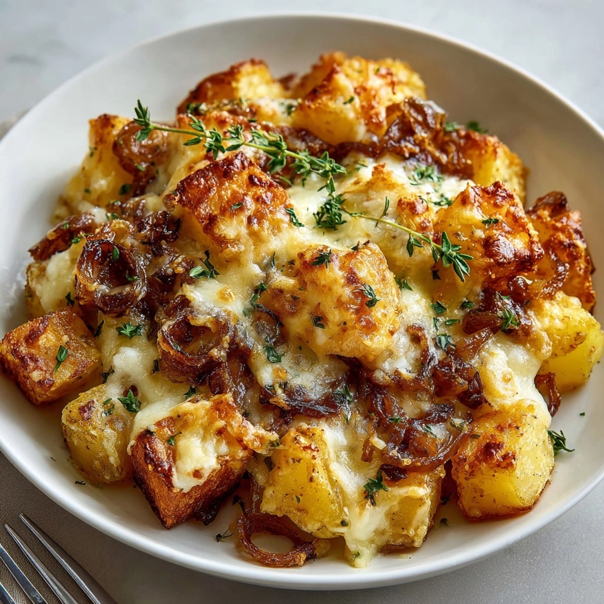 Savory French Onion Soup Potatoes recipe; comforting baked side dish, perfect family dinner.