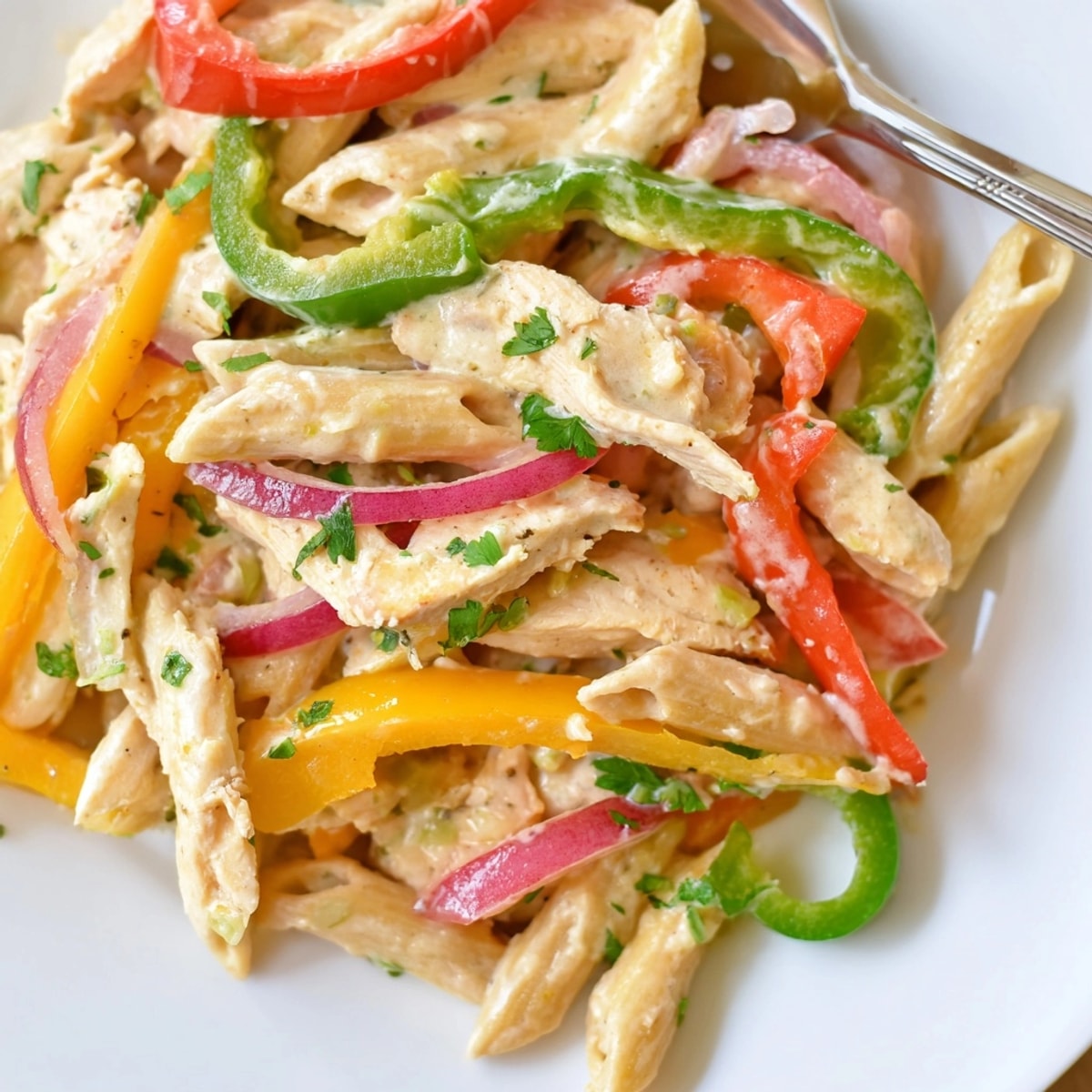 Delicious Alfredo Chicken Fajita Pasta: A fusion dish with tender chicken and vibrant vegetables.