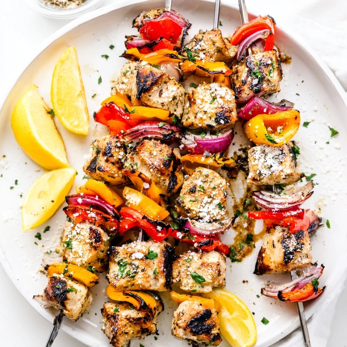 Golden Garlic Parmesan Chicken Kabobs sizzling on the grill, ready for a summer feast.