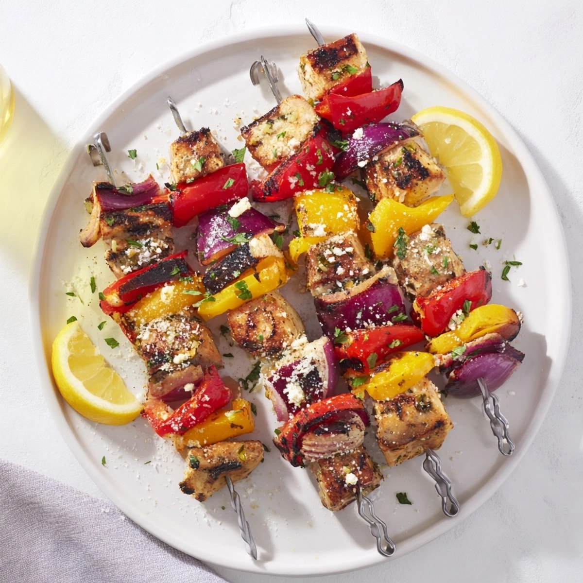 Threaded skewers of savory Garlic Parmesan Chicken Kabobs, ready to be garnished with fresh parsley.