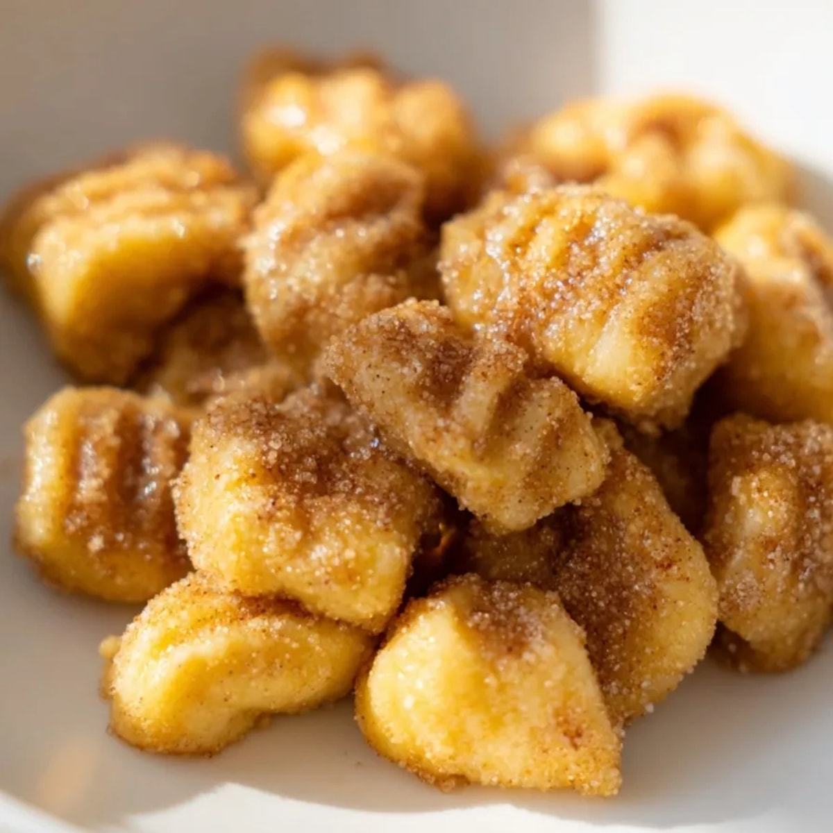 Golden Cinnamon Sugar Ricotta Gnocchi, a sweet, pillowy dessert with warm, spiced flavors.