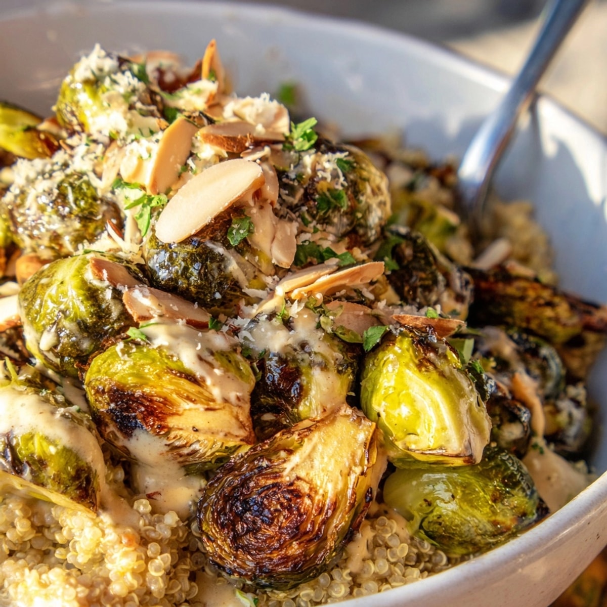 Creamy Alfredo Roasted Brussels Sprouts Bowl: golden sprouts shine in rich sauce, ready to eat.
