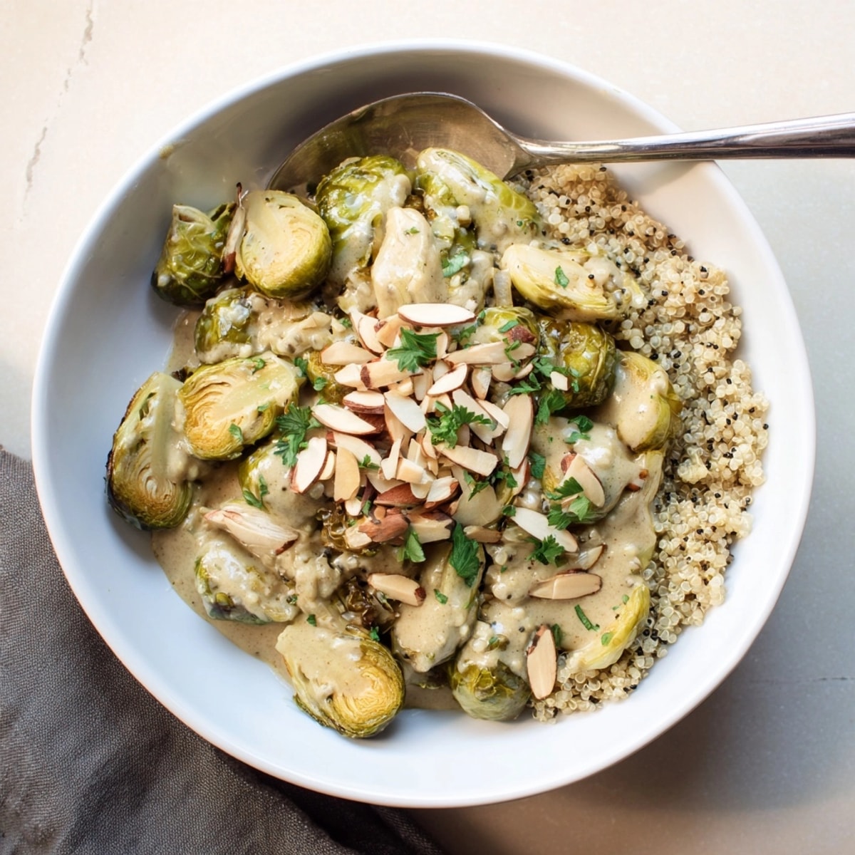 A close-up of Alfredo Roasted Brussels Sprouts: nutty, cheesy, and savory vegetarian comfort food.