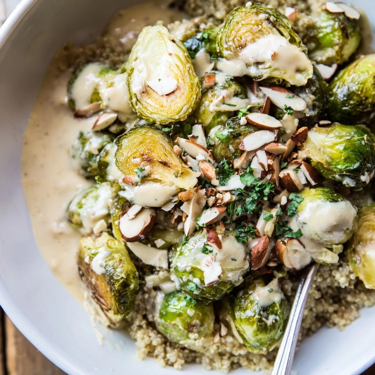 Homemade Alfredo Roasted Brussels Sprouts Bowl with toasted almonds and parsley, served warm.