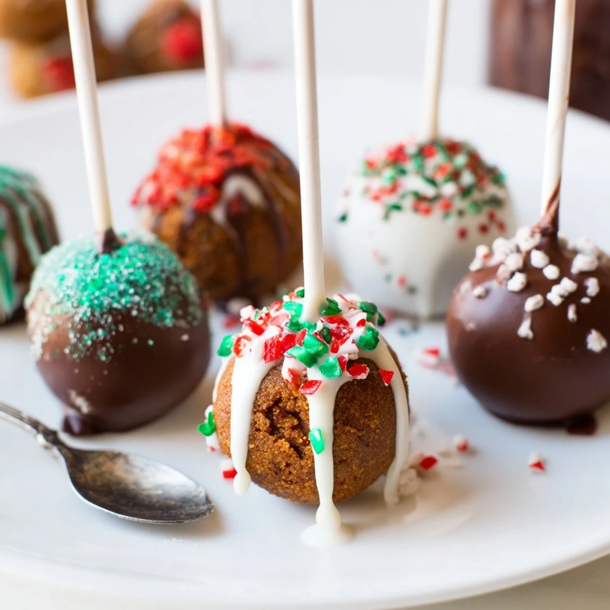 Delicious Festive Christmas Cookie Truffle Pops adorned with colorful sprinkles and candy cane bits.  