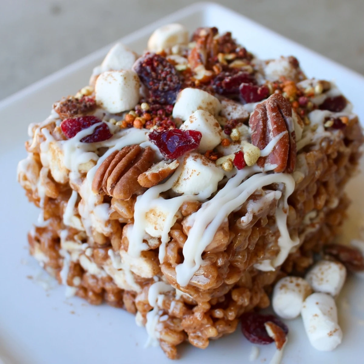 Autumn-inspired Rice Krispie Treats, infused with pumpkin spice and flavored cranberries.  