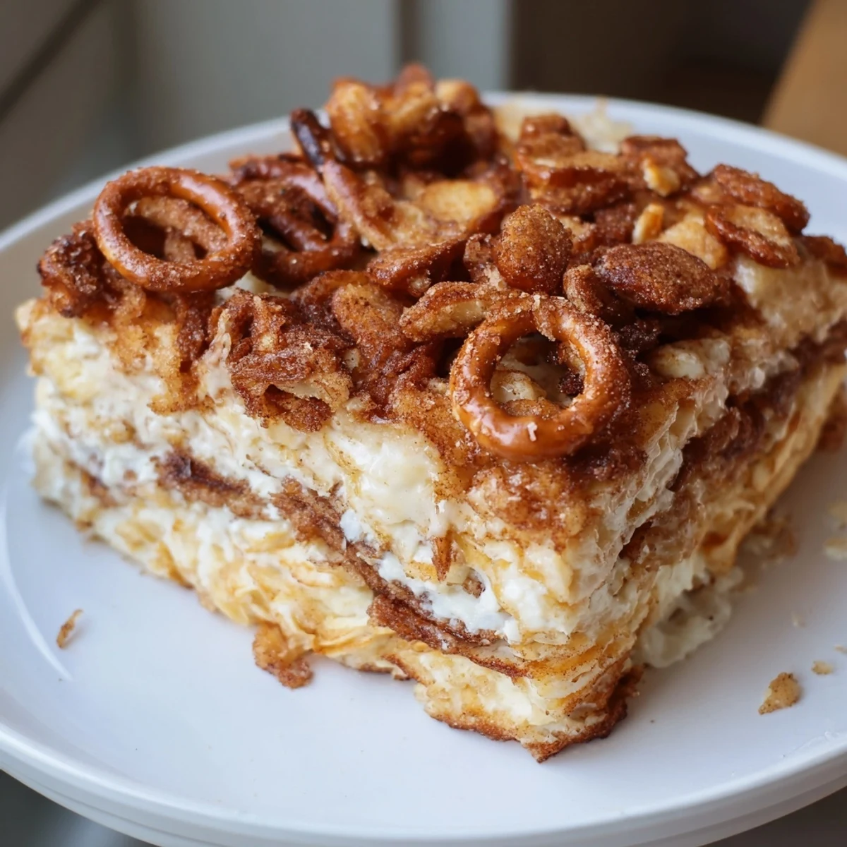 Fluffy Cheesy Pretzel Churro Cake Pancake Bars drizzled with melted butter and cinnamon-sugar.  