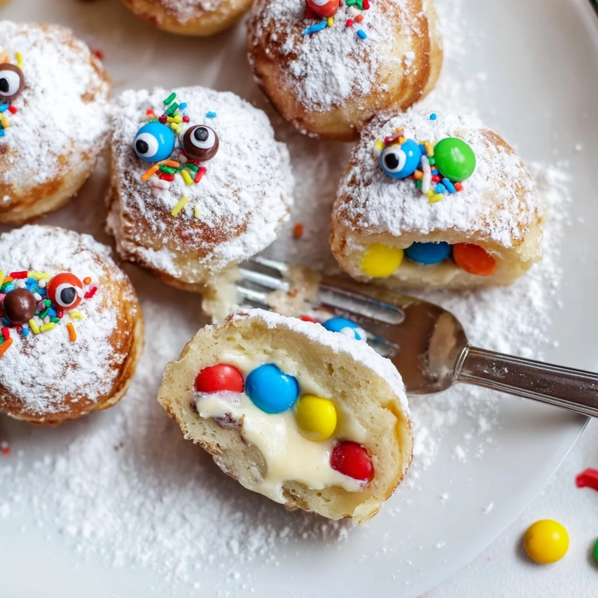 Fluffy Cream Cheese Monster Cake Pancake Balls, drizzled with syrup and sprinkles.  