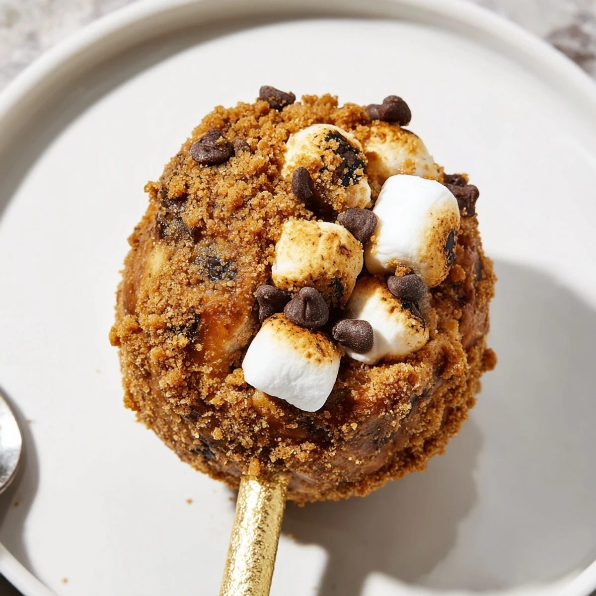 Gooey marshmallow-filled smores cinnamon sugar maple ginger muffin pops served on sticks.  