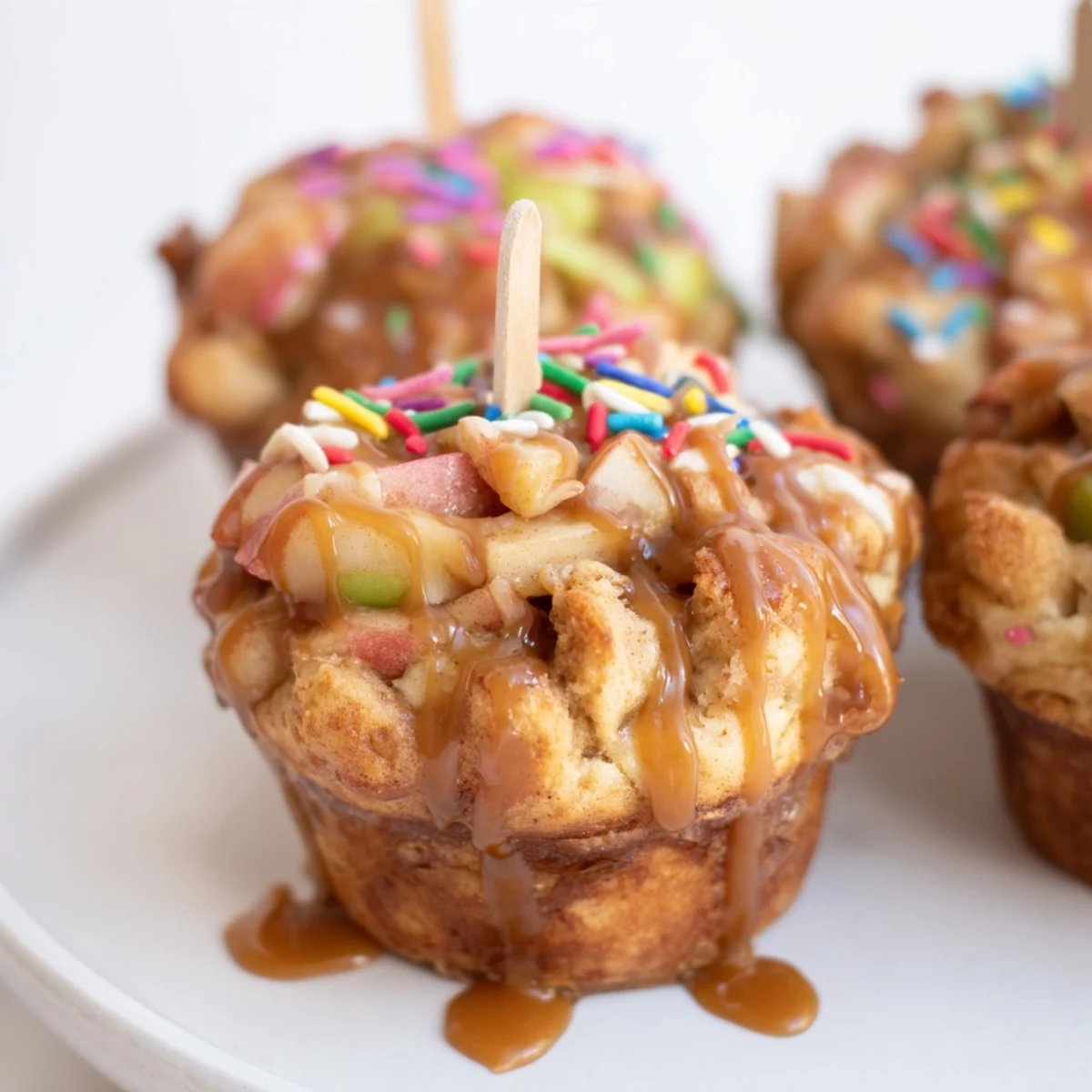 Delightful Caramel Apple Cinnamon Birthday Biscuit Muffin Pops on a festive plate.  
