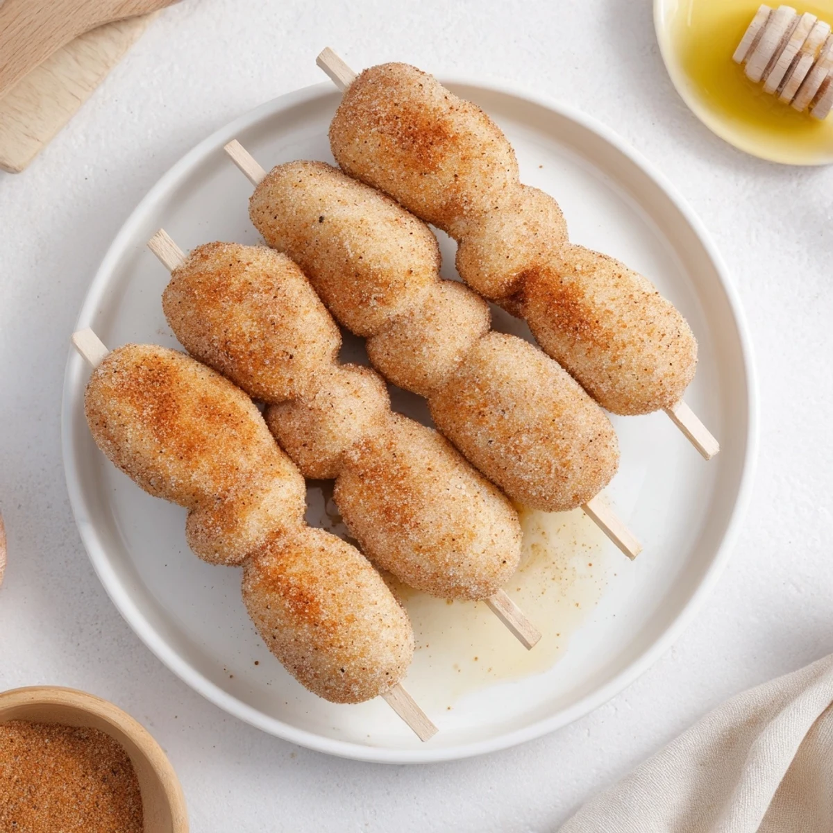 Fluffy biscuit skewers coated in fiery cinnamon sugar, perfect for dessert lovers.