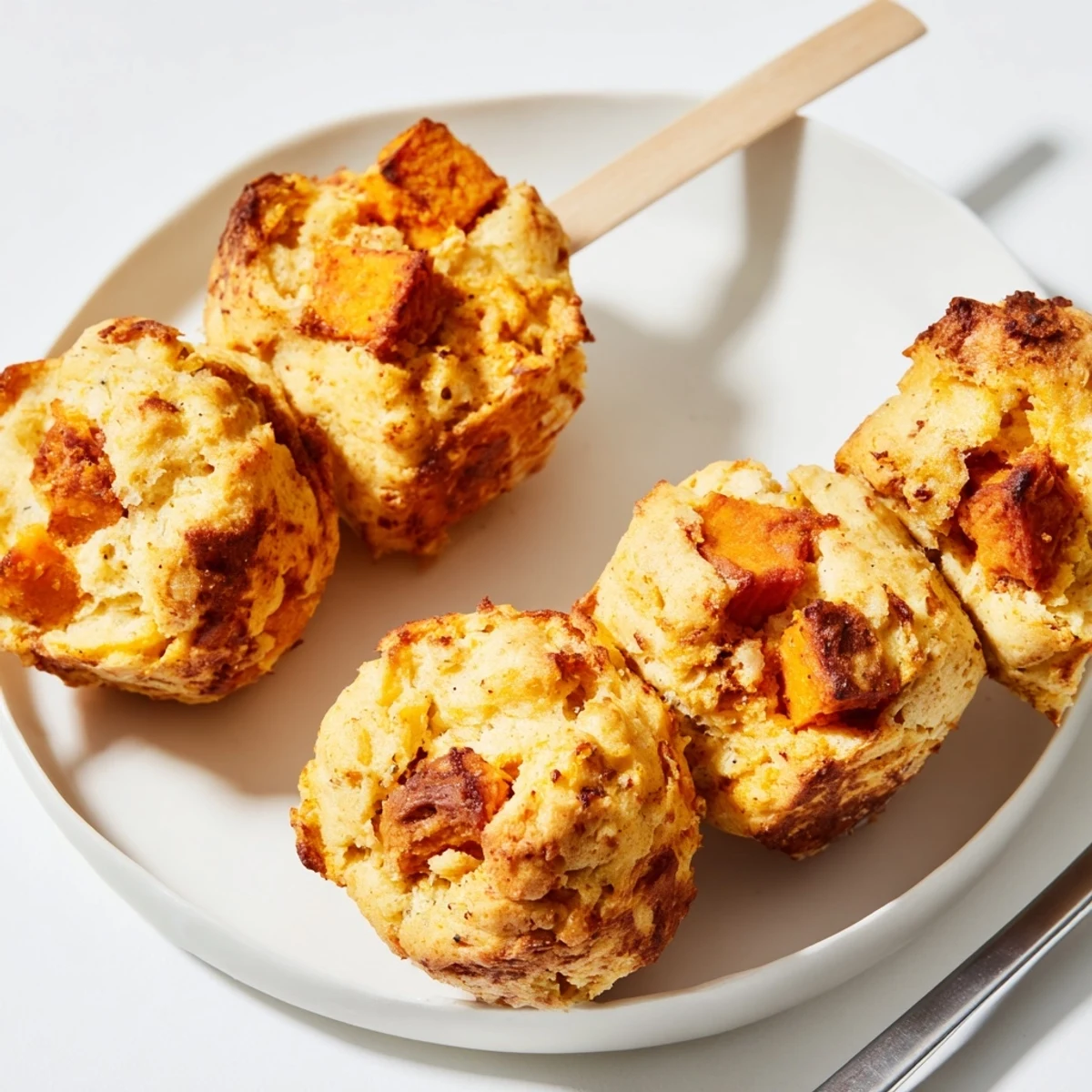 Fluffy Sweet Potato Chili Garlic Biscuit Muffin Skewers ready for a delicious appetizer.  