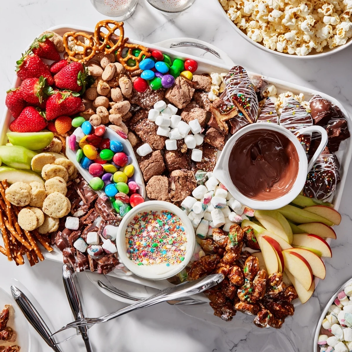 A tempting display of dessert boards filled with cookies, candies, and creamy dips.