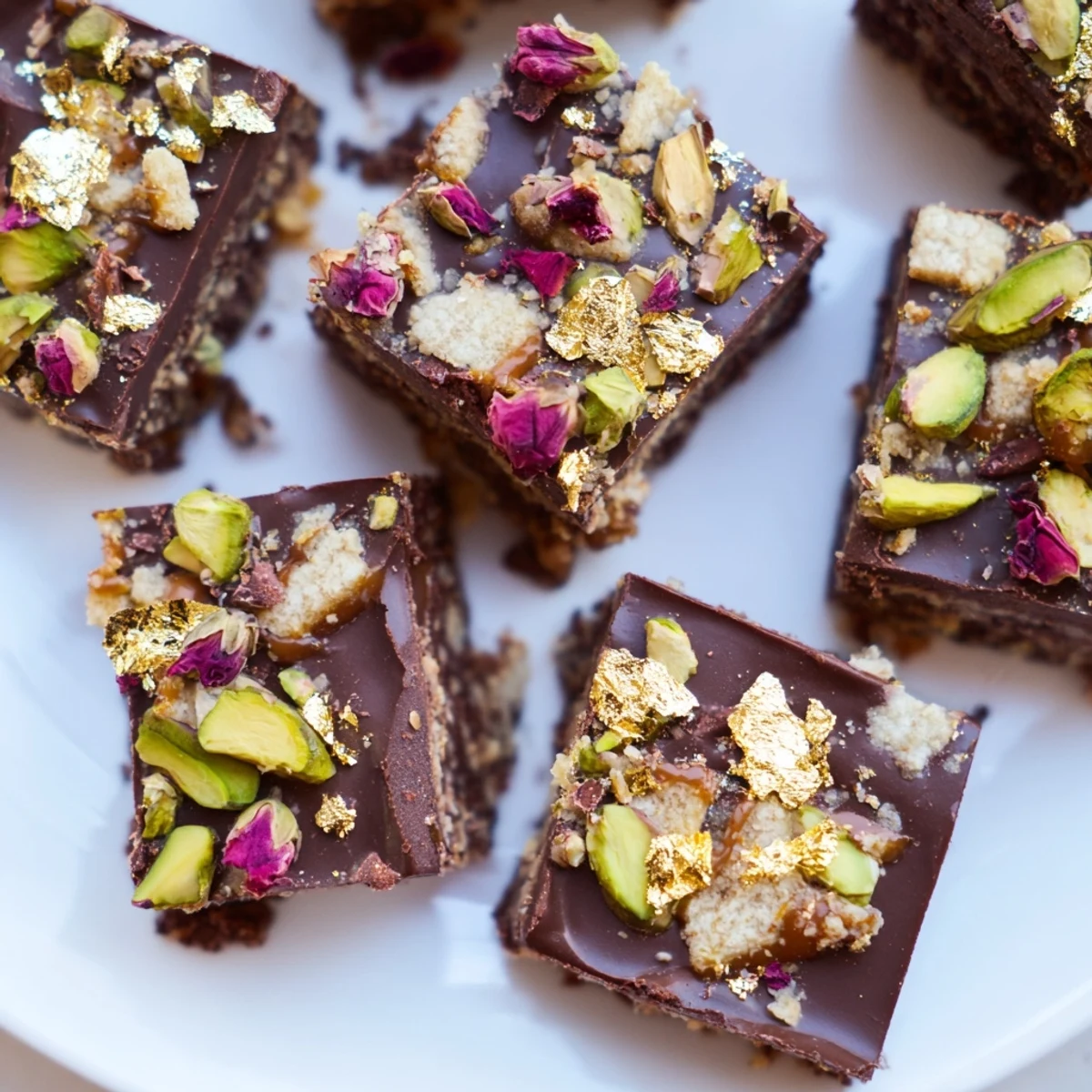 Decadent Chocolate Bar Inspired Creations topped with spiced date caramel and pistachios.