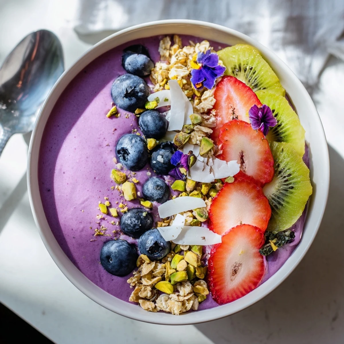 Nutrient-packed smoothie bowl, artistically topped with berries, pistachios, and edible flowers.