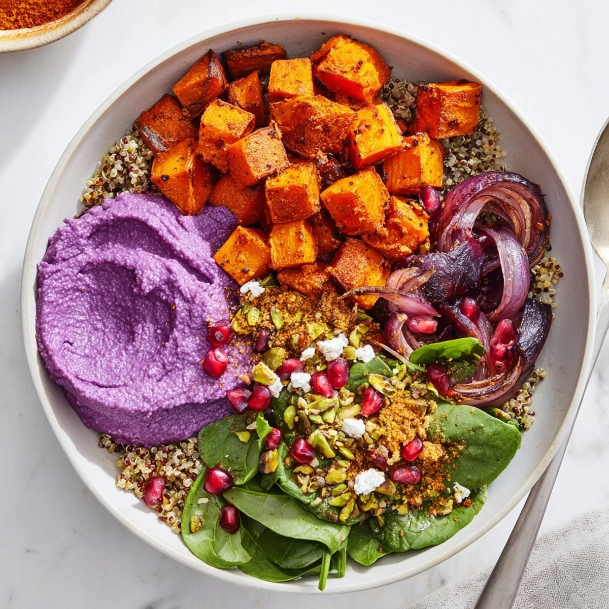 Roasted winter vegetables in spiced winter bowls, topped with creamy ube-coconut purée.  