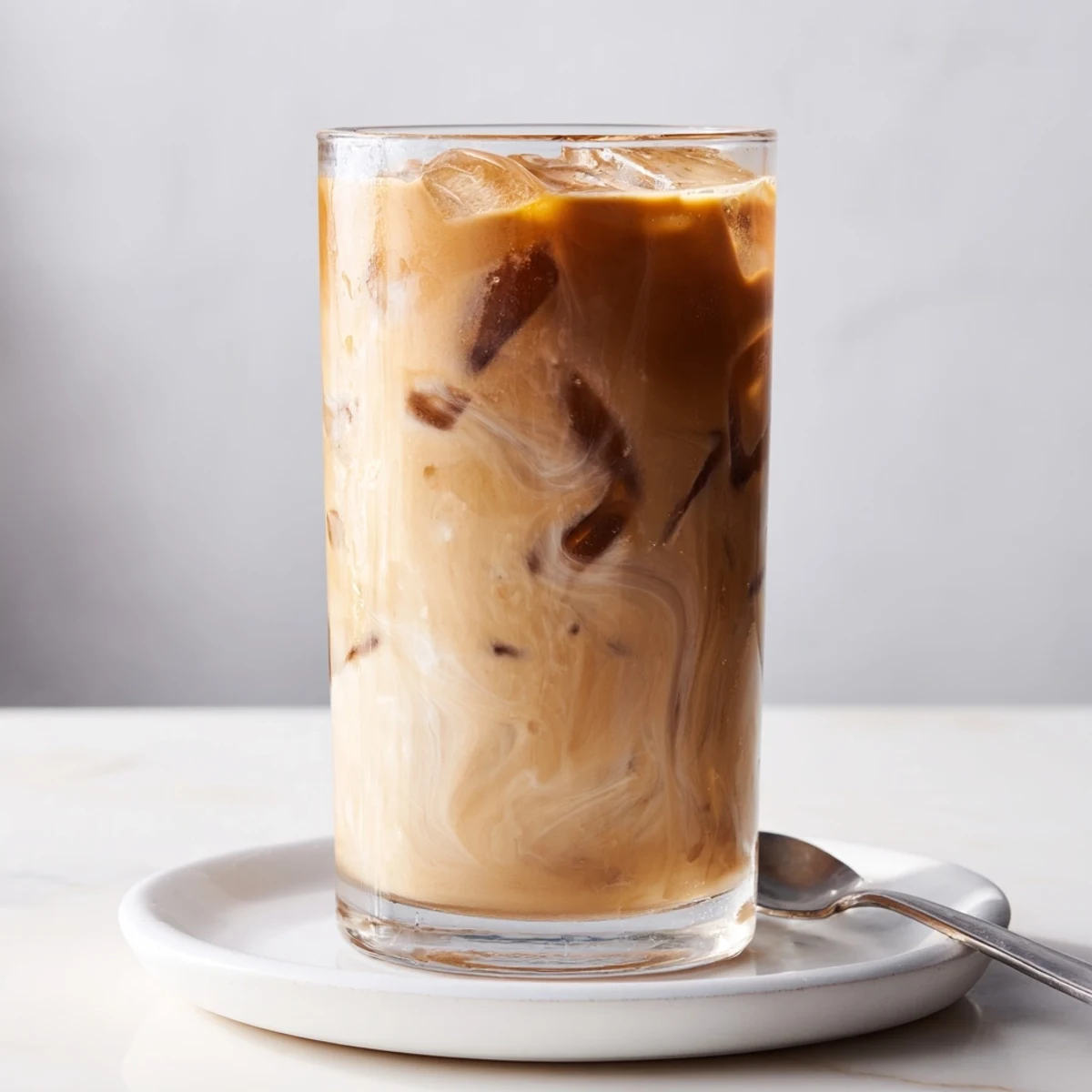 Creamy tahini iced coffee topped with plant milk, perfect for summer refreshment.  