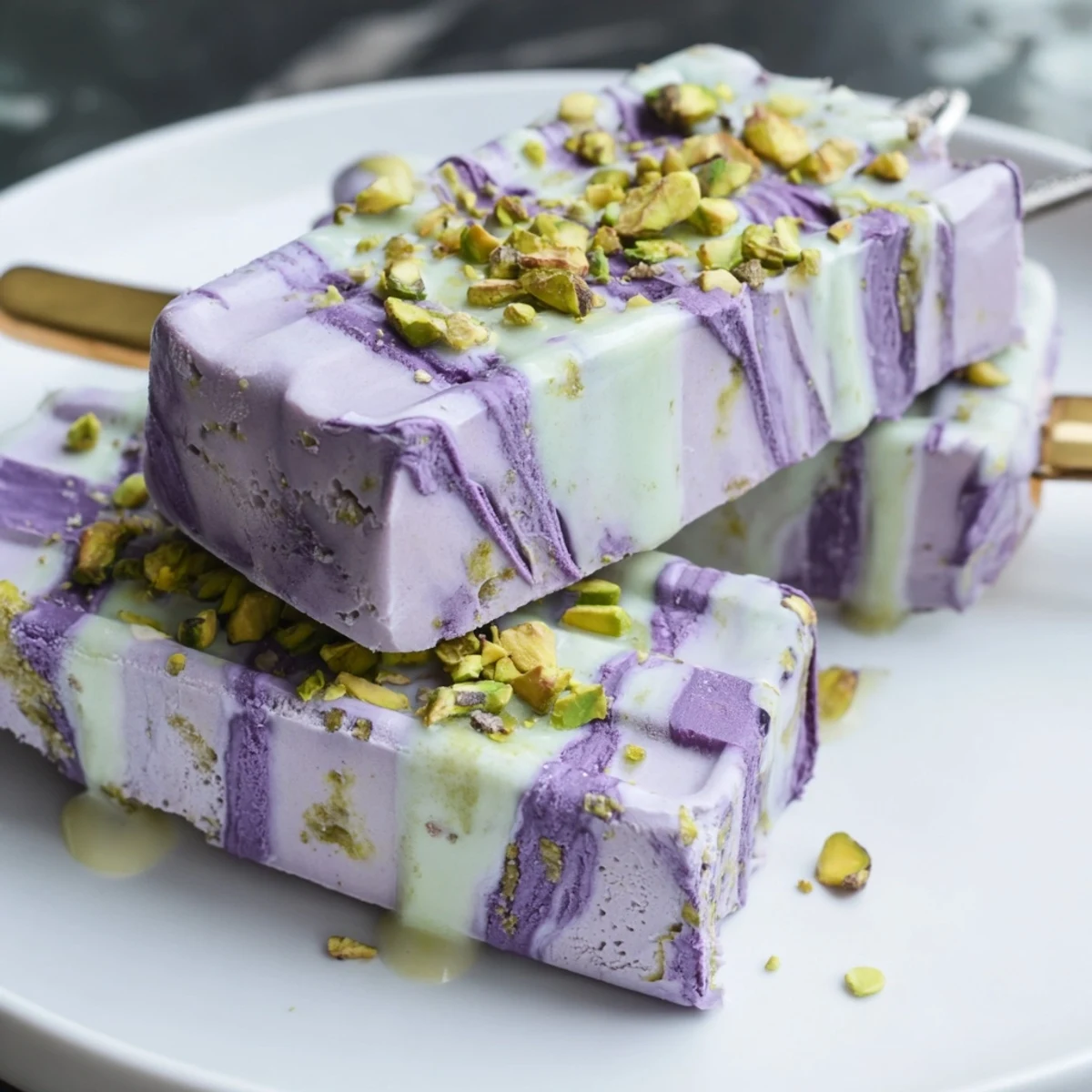 Creamy ube and pistachio ice cream bars, perfect for hot summer days.  