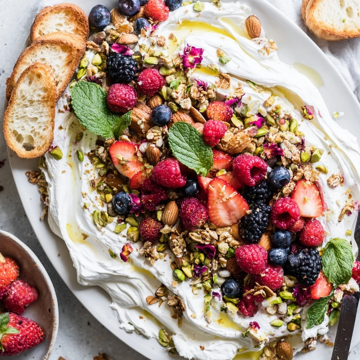 Fluffy whipped cream cheese forms the base for this butter board dessert recipe.  