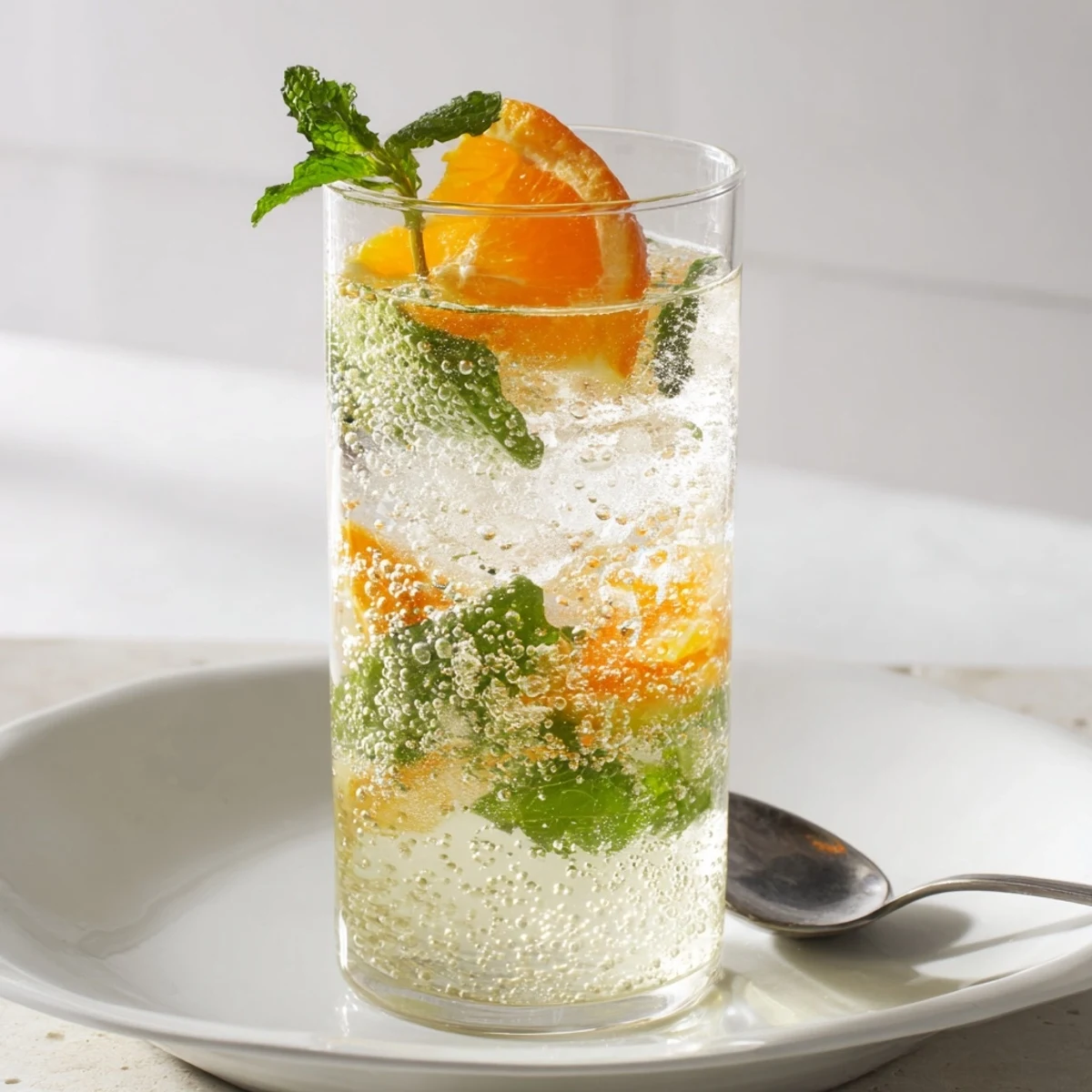 Sparkling probiotic soda mocktail with fresh citrus and mint for summer refreshment.  