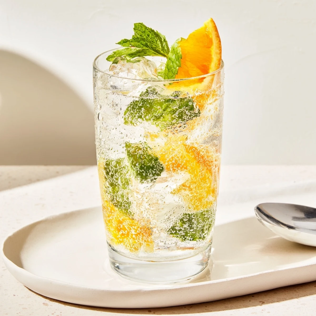 Vibrant probiotic soda mocktail served over ice, garnished with orange slices and mint.  