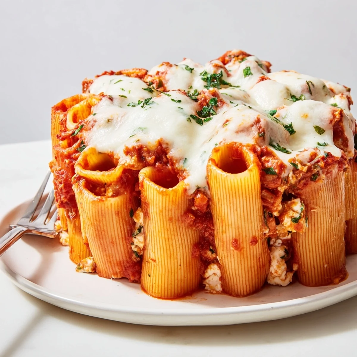 Delicious honeycomb pasta cake filled with rich tomato sauce and creamy cheese layers.