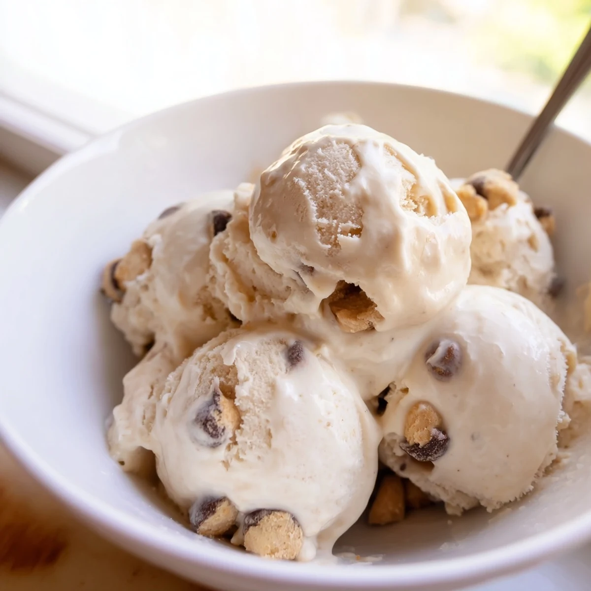 Homemade cottage cheese ice cream featuring edible cookie dough chunks, perfect summer treat.  