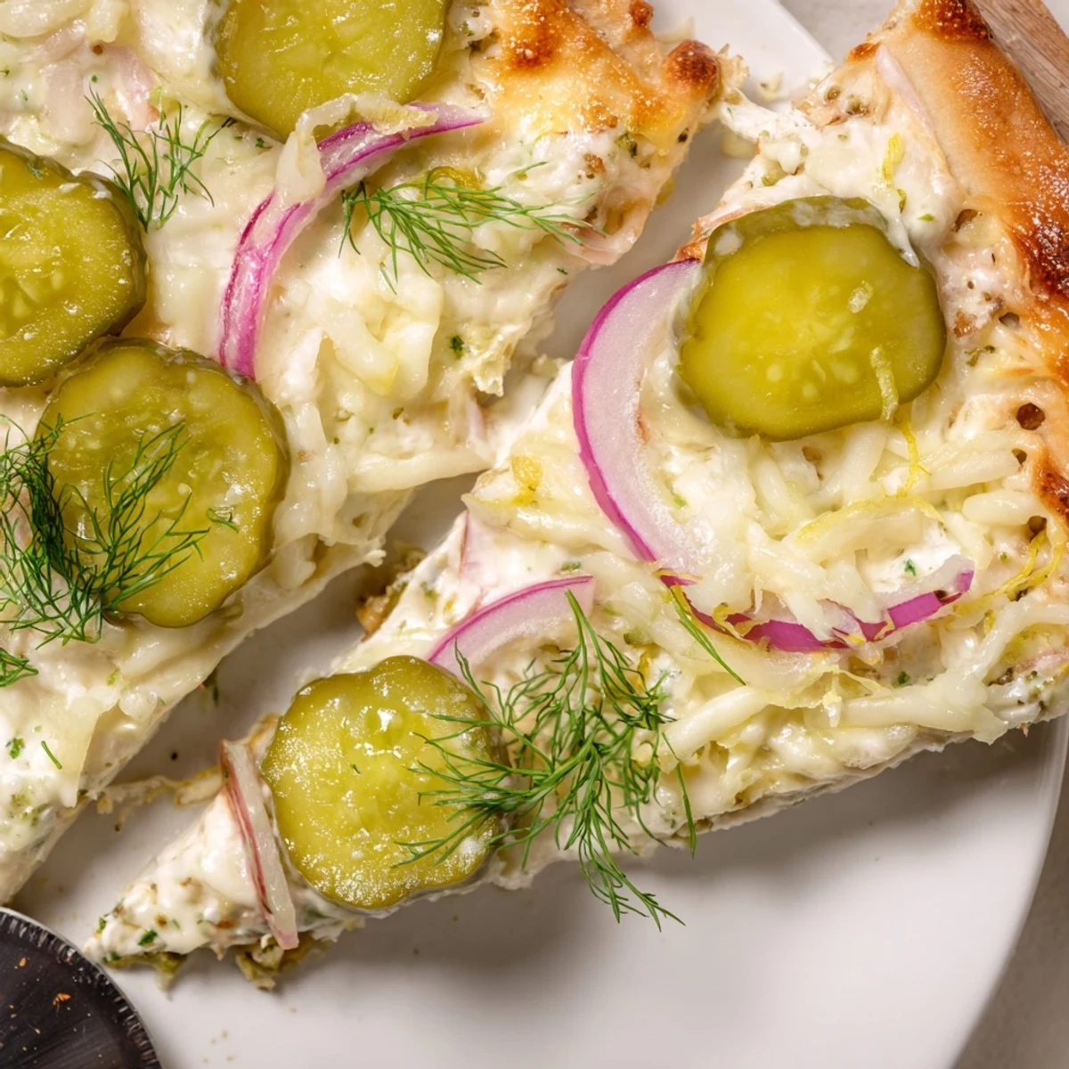 Deliciously cheesy Pickle Pizza with layers of crème fraîche and fresh dill.  