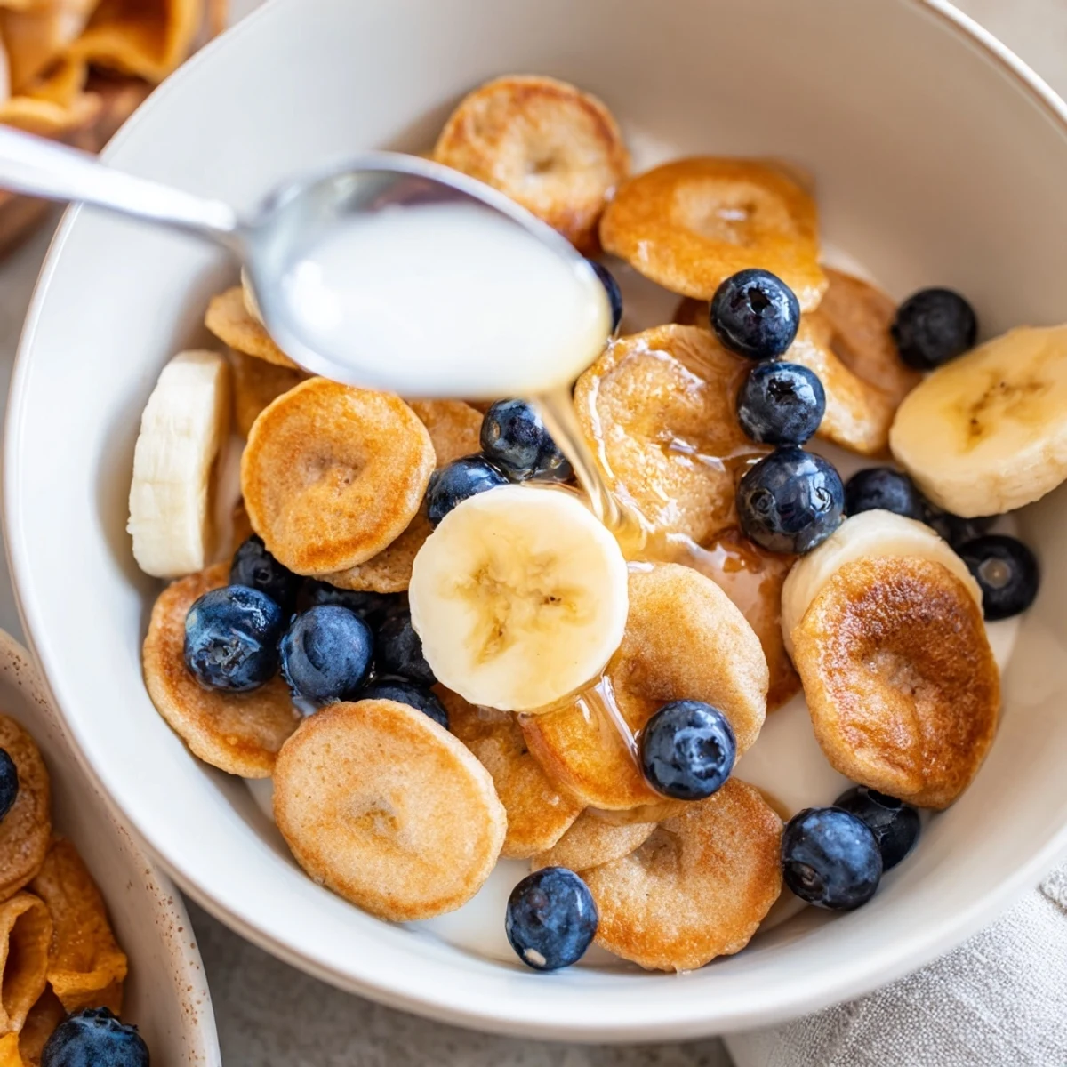 Bite-sized pancake cereal topped with fresh berries and sweet maple syrup for breakfast.  