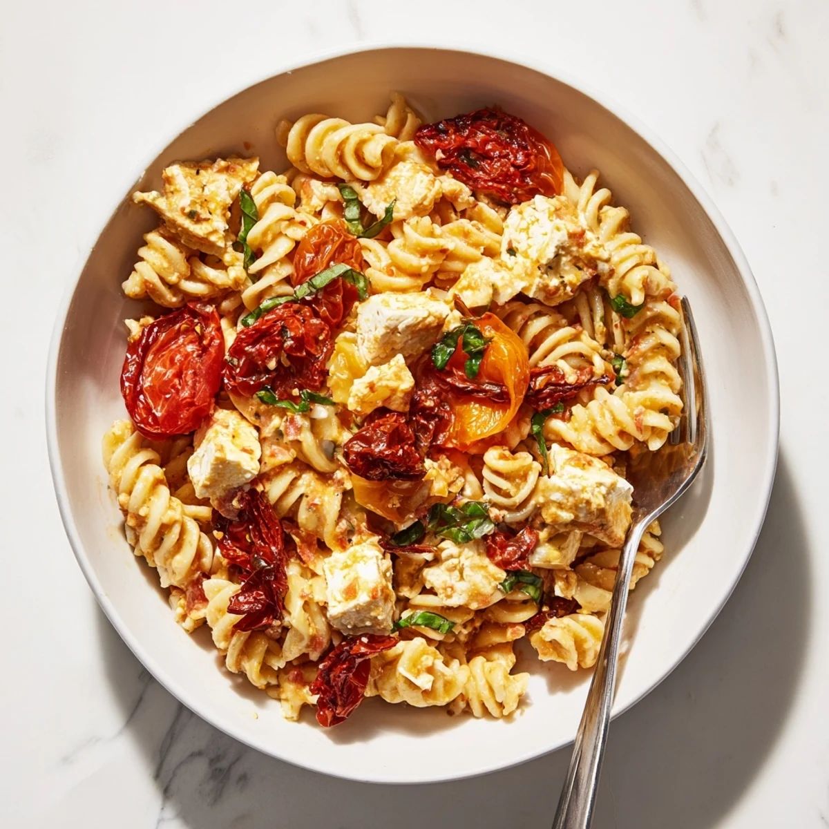 Creamy Baked Feta Pasta topped with caramelized onions and sun-dried tomatoes.