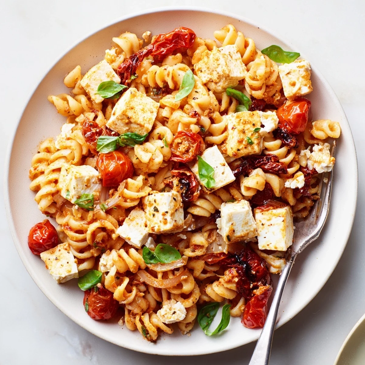 Delicious Baked Feta Pasta served warm, garnished with fresh basil and olive oil.