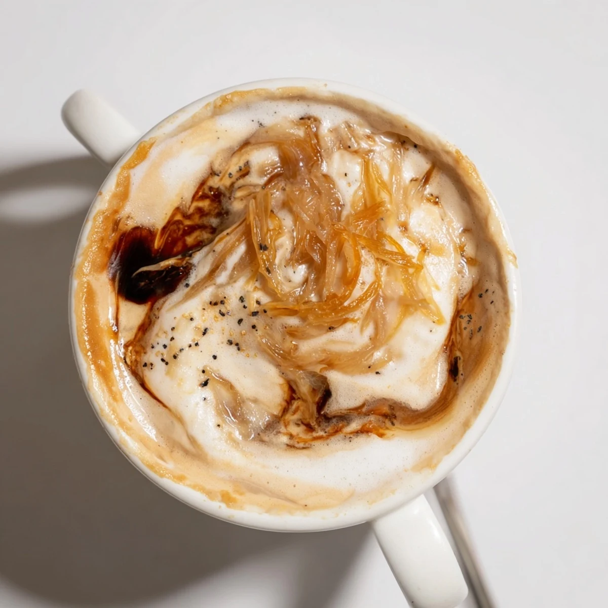 Savory onion latte served steaming, perfect for adventurous coffee lovers to enjoy.