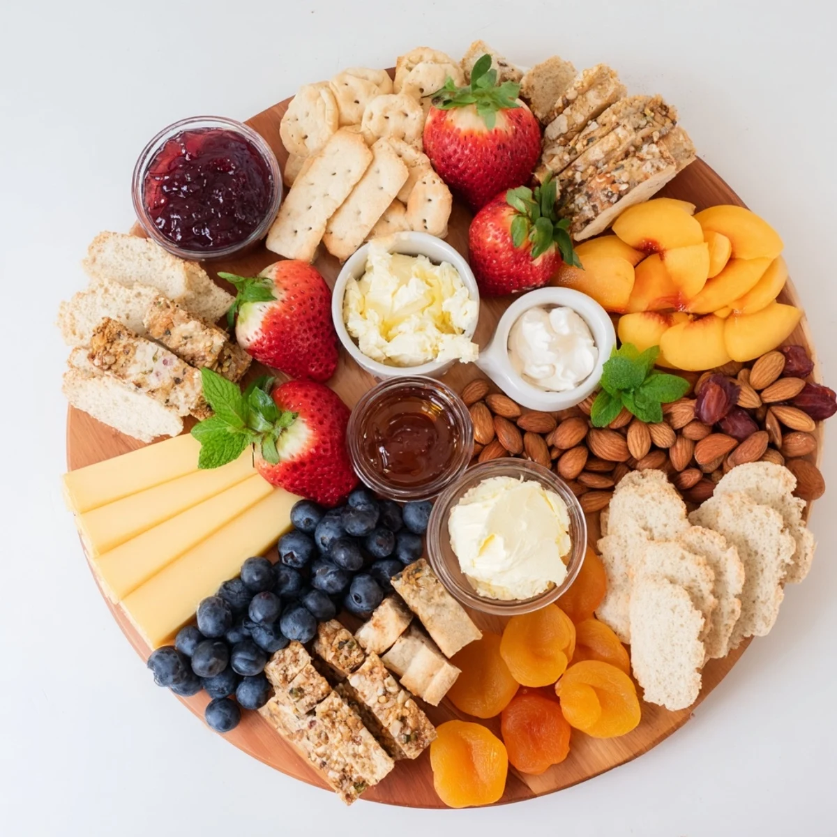 A rustic brunch board showcasing sweet jams, artisanal breads, and seasonal fresh fruits.