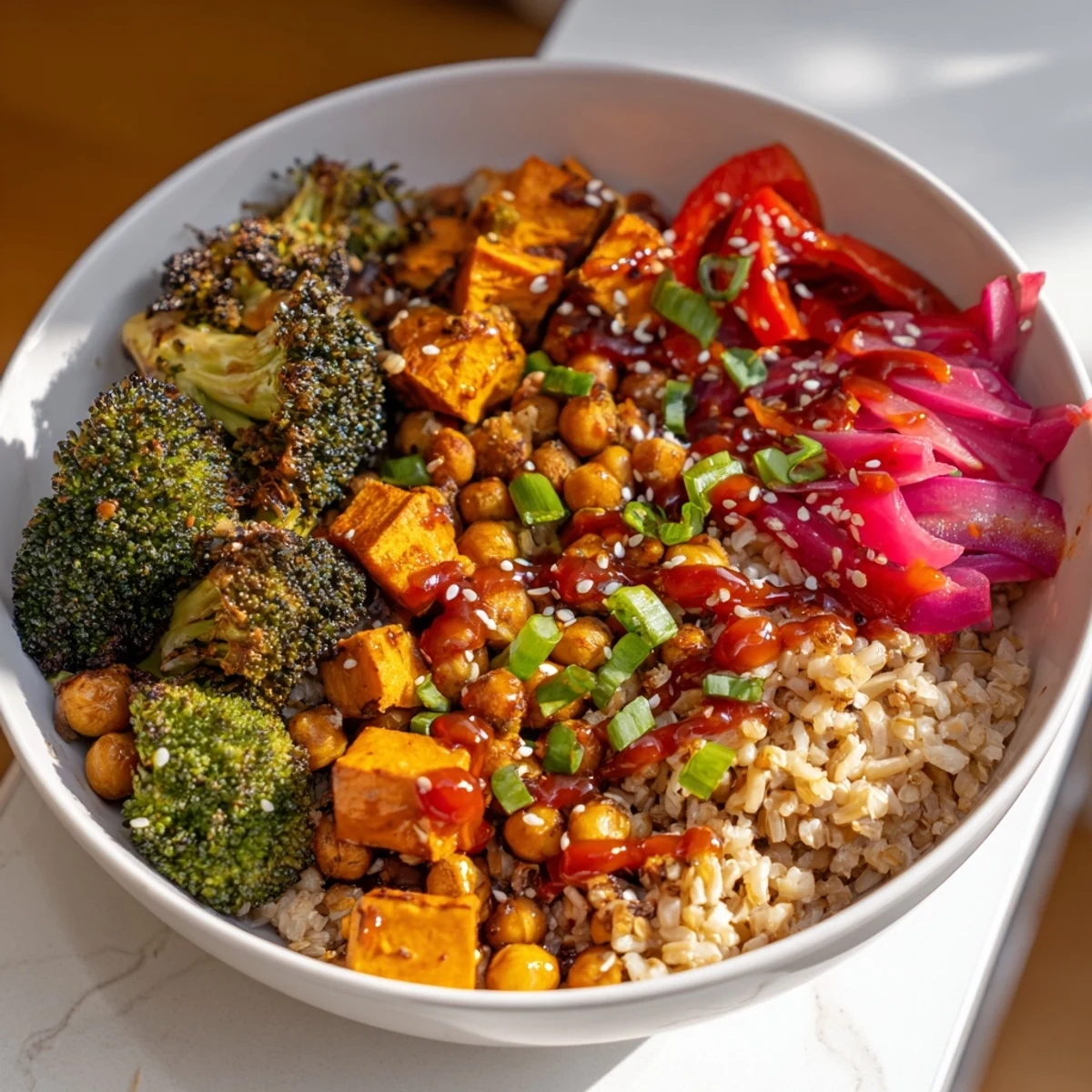 Robust Bold Sauce Drizzle Bowls overflowing with roasted vegetables and chickpeas.